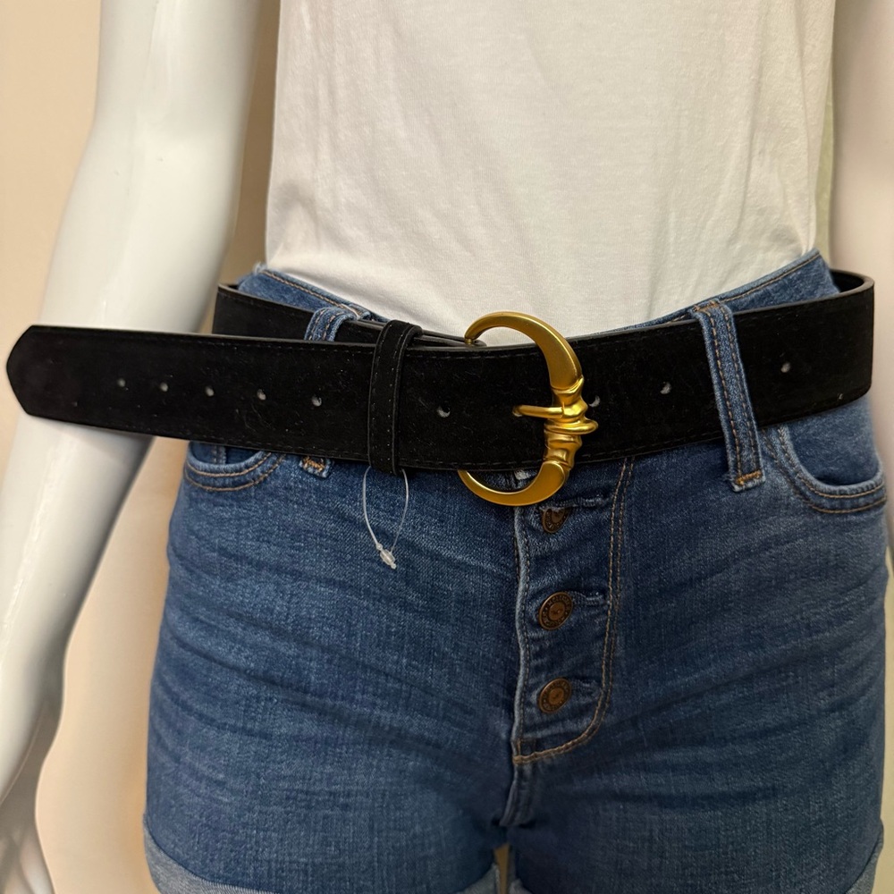 Black PU suede leather belt with gold tone buckle